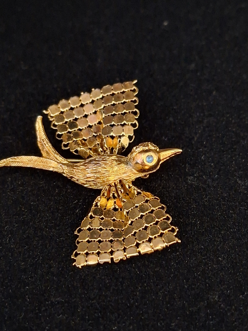 Gold-Tone Mesh Bird Brooch with Blue Crystal Eye